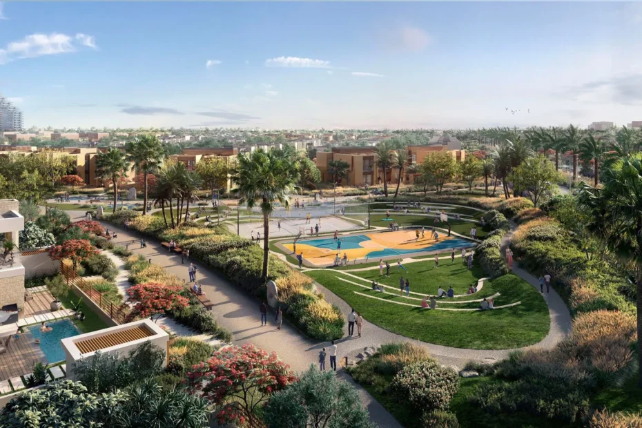 An image showcasing a serene retirement community in Dubai, featuring lush green landscapes with well-manicured lawns and an array of palm trees. In the center, there is a large communal area with multiple tennis courts and walking paths, surrounded by low-rise residential buildings. The setting is peaceful and inviting, making it one of the best places to retire in Dubai.